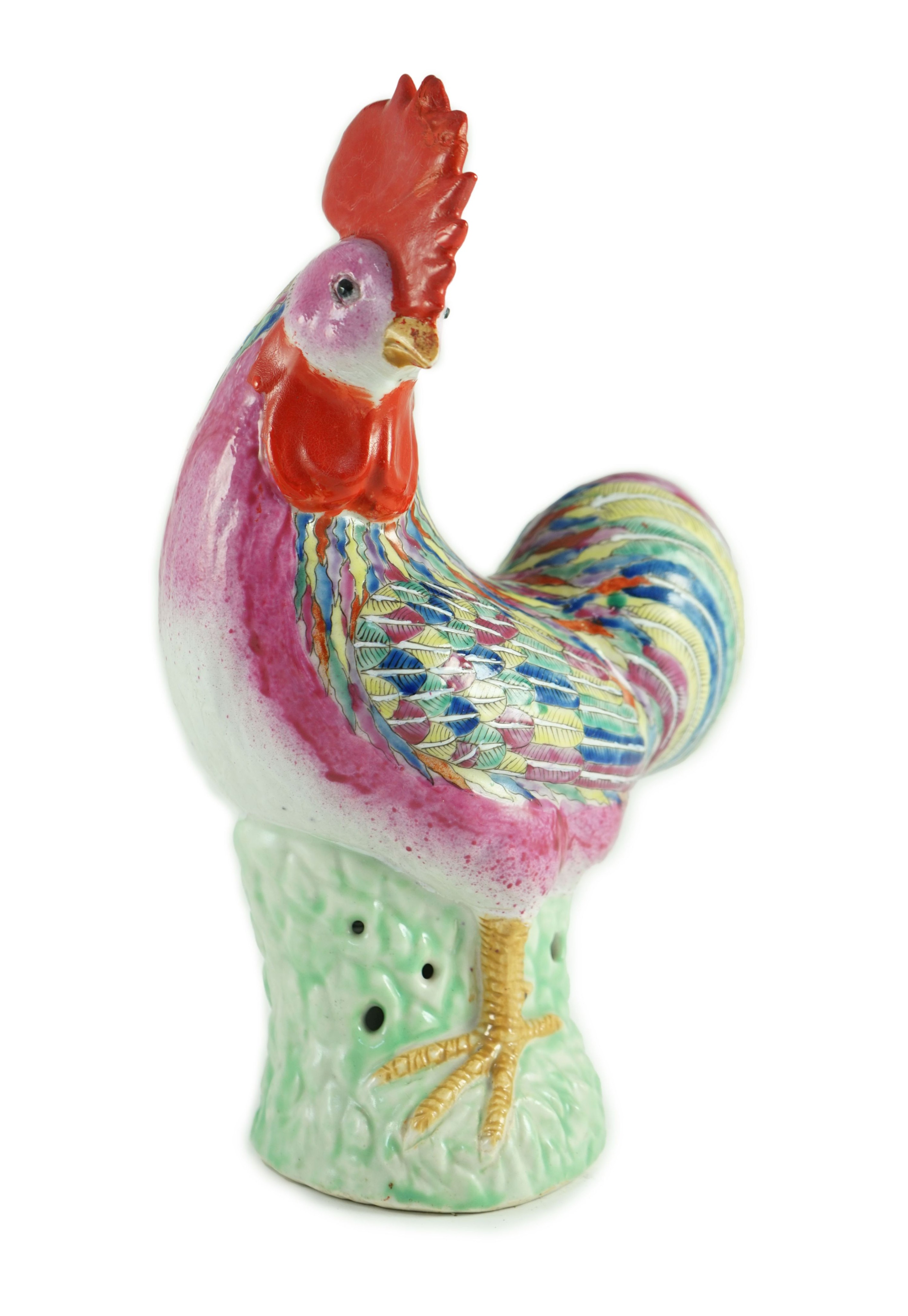 A Chinese enamelled porcelain model of a rooster, Jiaqing period, 29cm high, restoration